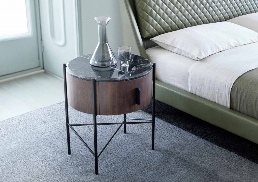 Chelsea bed in leather and Roi bedside table by BertO